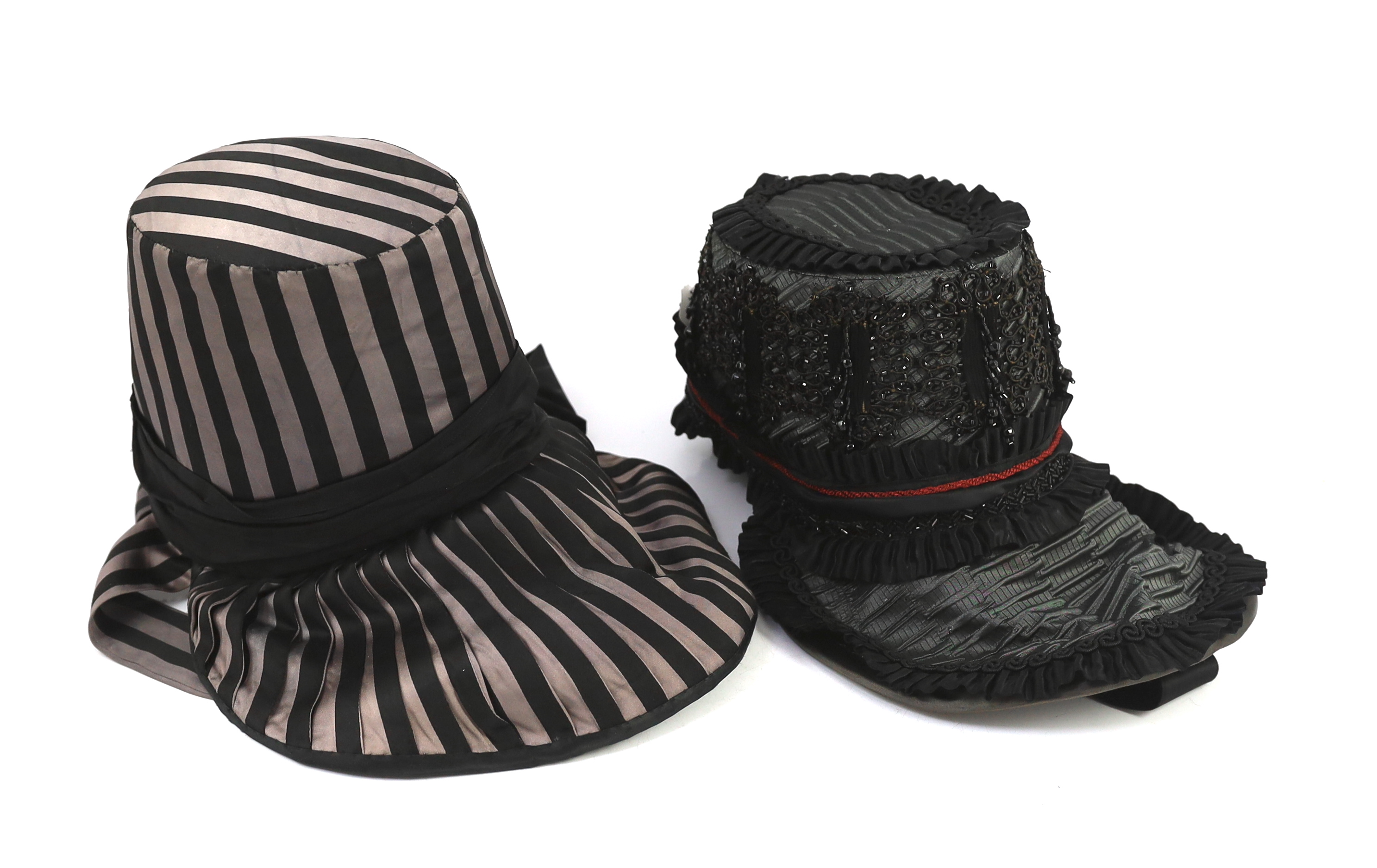 Two lady's Victorian style bonnets, silver and black striped and the other silver black with jet trim. Ex Royal Opera House 'The Damnation of Faust'
